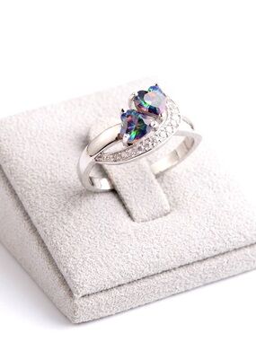 New S925 Sterling Silver Rainbow Topaz & White Topaz Two Hearts In Love Ring